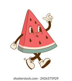 Funny watermelon mascot isolated on white background. Funny retro cartoon fruit character vector illustration. Groovy style. 