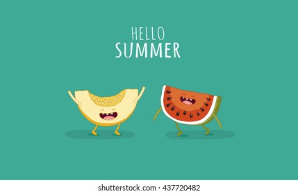 Funny watermelon and melon. Hello summer. Use for card, poster, banner, web design and print on t-shirt. Easy to edit. Vector illustration.