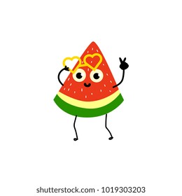 Funny watermelon party character with human face wearing heart-shaped glasses, flat cartoon, doodle style vector illustration isolated on white background. Watermelon character in glasses at party