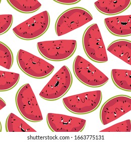 Funny watermelon seamless pattern. Slices of delicious summer fruit with different kawaii emotions in a cute flat cartoon style. Vector isolate on a white background.
