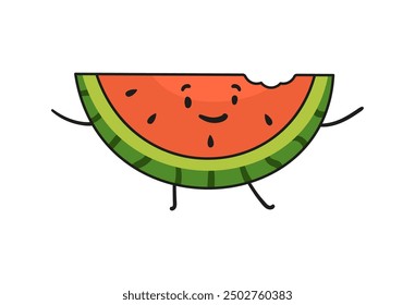 Funny watermelon slice doodle kawaii character illustration with outline isolated on white.