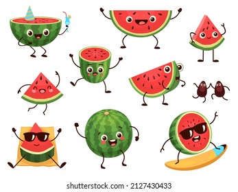 Funny watermelon slices characters with cartoon smile faces. Cute fruit in sunglasses surf. Summer time party. Comic watermelons vector set. Illustration of fruit watermelon, sweet and healthy