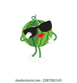 Funny watermelon slices characters with cartoon smile faces. Cute fruit in sunglasses surf. Summer time party. Comic watermelons vector set