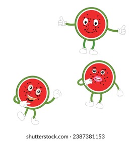 Funny watermelon slices characters with cartoon smile faces. Cute fruit in sunglasses surf. Summer time party. Comic watermelons vector set