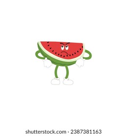Funny watermelon slices characters with cartoon smile faces. Cute fruit in sunglasses surf. Summer time party. Comic watermelons vector set