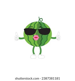 Funny watermelon slices characters with cartoon smile faces. Cute fruit in sunglasses surf. Summer time party. Comic watermelons vector set