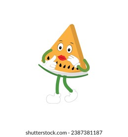 Funny watermelon slices characters with cartoon smile faces. Cute fruit in sunglasses surf. Summer time party. Comic watermelons vector set