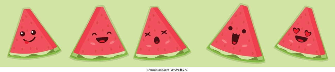 Funny watermelon slices characters with cartoon smile faces. Comic watermelons vector set. 