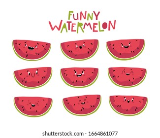 Funny watermelon. Slices of delicious summer fruit with different kawaii emotions in a cute flat cartoon style. Vector isolate on a white background.