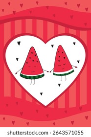 Funny watermelon slices in love, cartoon romantic vector with summer theme