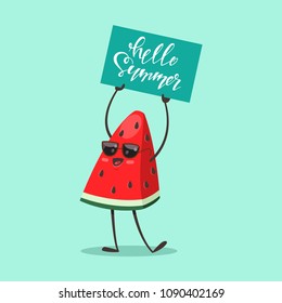 Funny Watermelon in sunglasses with a sign "Hello Summer". Vector cartoon fruit character isolated on background.