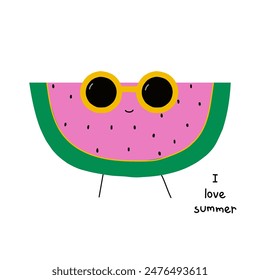 Funny watermelon with sunglasses. Summer childish graphic. Vector hand drawn illustration.