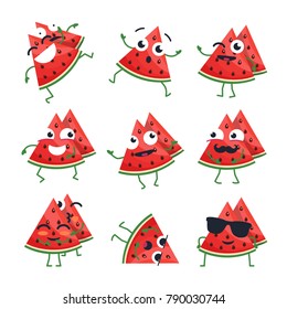 Funny watermelon - vector isolated cartoon emoticons. Cute emoji set with a nice character. A collection of angry, surprised, happy, cheerful, ill, crazy, laughing, sad fruit on white background