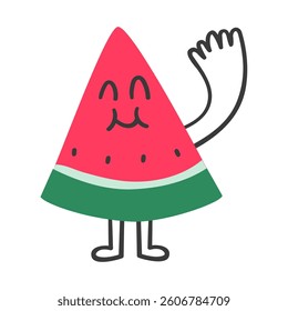 Funny watermelon waving. Flat vector illustration. Design for sticker and t-shirt design