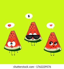 Funny watermelons character design with bubble speech. Fruits with different emotions combined into one comic story. 