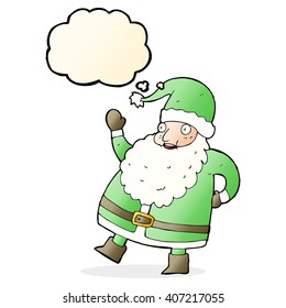 funny waving santa claus cartoon with thought bubble