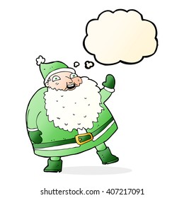 funny waving santa claus cartoon with thought bubble