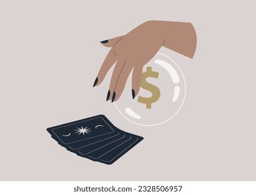 Una manera divertida de predecir los riesgos y oportunidades de inversión, una psíquica leyendo el mazo de las tarjetas tarot, una bola mágica que muestra el futuro del dólar