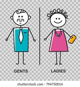 Funny wc door plate symbols. WC sign.Toilet door plate icon on transparent background. Gents and ladies sign for restroom. Vector sketch. Use for cafes, restaurants, supermarkets, shopping centers.