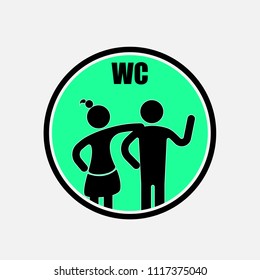 Funny WC,Toilet,Restroom door plate symbols.Man and woman toilet icon.Vector black silhouette illustration.