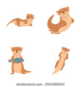 Funny weasel icons set cartoon vector. Mink ferret character. Cute animal