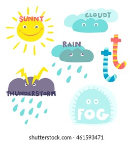 Funny weather cartoon icon set Isolated Vector Illustration 