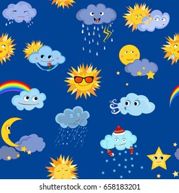 Funny weather. Weather for children. Vector drawing. Seamless pattern.
