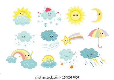 Funny weather icons set isolated white background  Vector illustration sun  rain  storm  snow  wind  moon  star and rainbow tail  rainbow  umbrella in cartoon simple flat style  Cute characters