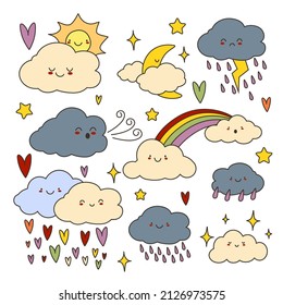 Funny weather icons set isolated on white background. Vector illustration of sun, rain, storm, wind, moon, star with rainbow tail, rainbow, in cartoon simple flat style. Cute characters EPS