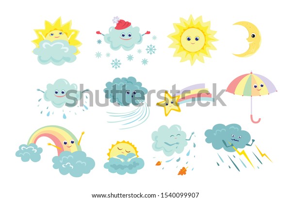 白い背景におかしな天気アイコンセット 太陽 雨 嵐 雪 風 月 虹の尾を持つ星 虹 カラトンのシンプルな平らなスタイルのベクターイラスト かわいい キャラクター のベクター画像素材 ロイヤリティフリー