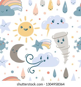 Funny weather seamless patrern. Emotional vector weather. Clouds, rain, sun, moon, stars, rainbow in kawaii style with smiling face. Texture with cute forecast