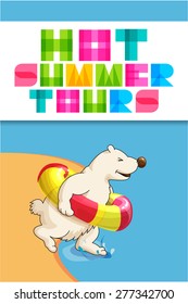 Funny web banner for travel agency. Cute polar bear cartoon character with rubber ring run from beach into the sea. Modern colorful letters Hot summer tours.