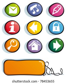 funny web buttons with icons for cute website: mail, frequently asked questions, information, home, find, net, Social Network