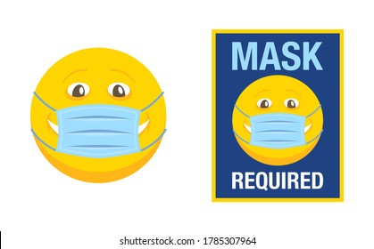 Funny web smile emoji with face mask - comic illustration for compliance with the terms of quarantine