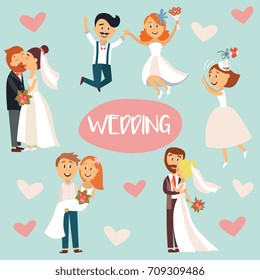 Funny wedding couple, bride and groom, hugging, kissing, celebrating, flat style cartoon vector illustration, sticker set. Funny comic style wedding couple, hugging and kissing, throwing flowers