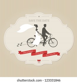 Funny Wedding Invitation With Bride And Groom Riding Tandem Bicycle Dragging Cans