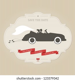 Funny wedding invitation with retro car dragging cans