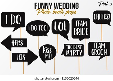 Funny wedding photobooth props on sticks. Black speech bubbles with white text. Part3