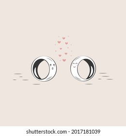 Años de boda divertidos con ojos al estilo de kawaii. Símbolo de los amantes, bodas, Día de San Valentín
