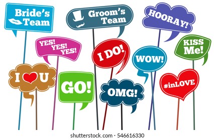 Funny weddings phrases, brides team vector photo props