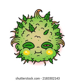 Funny weed bud head print for t shirt.Vector line doodle traditional retro cartoon illustration.Funny weed,marijuana,cannabis vintage cartoon print poster,t-shirt,sticker concept
