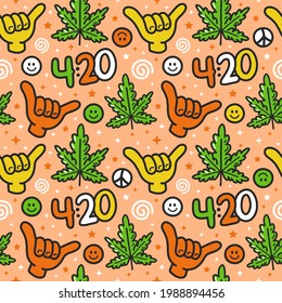 Funny Weed Marijuana, Shaka Gesture,420 Seamless Pattern. Vector Hand Drawn Doodle Outline Cartoon Kawaii Character Illustration. Trippy,weed,420, Shaka, Cannabis Leaf Cartoon Seamless Pattern Concept