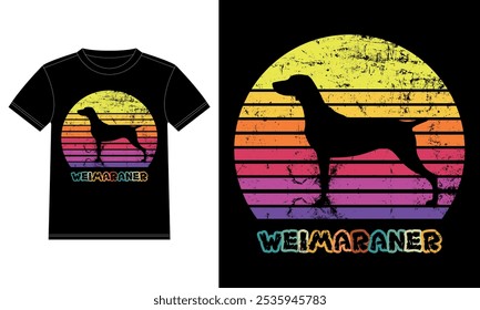 Divertido Weimaraner Retro Antiguas Sunset Plantilla de diseño de camiseta, Tablero de Weimaraner, etiqueta engomada de la ventana del coche, POD, cubierta, fondo blanco aislado, regalo de la silueta para el amante de Weimaraner