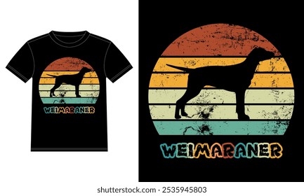 Divertido Weimaraner Retro Antiguas Sunset Plantilla de diseño de camiseta, Tablero de Weimaraner, etiqueta engomada de la ventana del coche, POD, cubierta, fondo blanco aislado, regalo de la silueta para el amante de Weimaraner