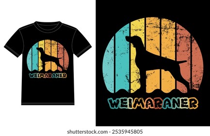 Divertido Weimaraner Retro Antiguas Sunset Plantilla de diseño de camiseta, Tablero de Weimaraner, etiqueta engomada de la ventana del coche, POD, cubierta, fondo blanco aislado, regalo de la silueta para el amante de Weimaraner