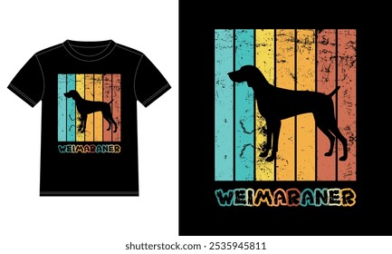 Divertido Weimaraner Retro Antiguas Sunset Plantilla de diseño de camiseta, Tablero de Weimaraner, etiqueta engomada de la ventana del coche, POD, cubierta, fondo blanco aislado, regalo de la silueta para el amante de Weimaraner