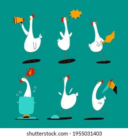 Funny weird crazy chicken vector cartoon characters set isolated on a white background.