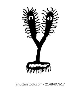 A funny and weird fluffy creature with two eyes and a toothy mouth. Fictional animal. Isolated vector on a white background.