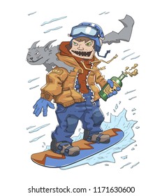 Funny weird guy with a bottle of booze and crazy cat on his shoulder riding on a snowboard. Monster of snowboarding, crazy rider. Flat vector illustration, cartoon style.