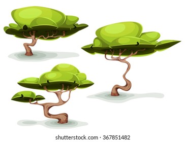 Funny Weird Trees For Fantasy Scenics/
Illustration of a set of cartoon funny weird forest trees and bonsai, for fantasy scenics and game ui scenics